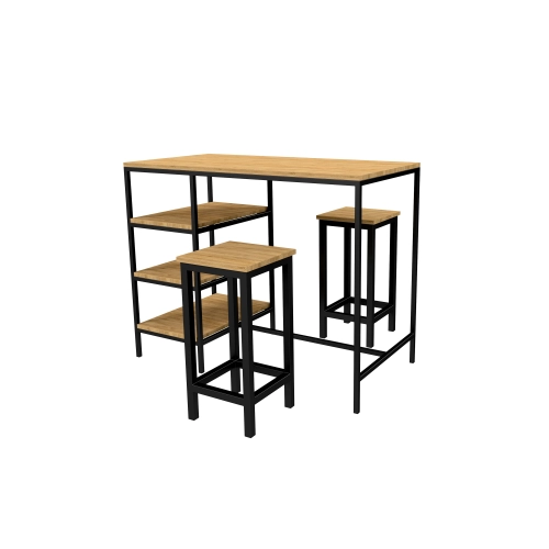Zestaw Barowo -Jadalniany z Metalu i Drewna Litego Dębowego  Stół + 2 Taborety Model ZETS-19